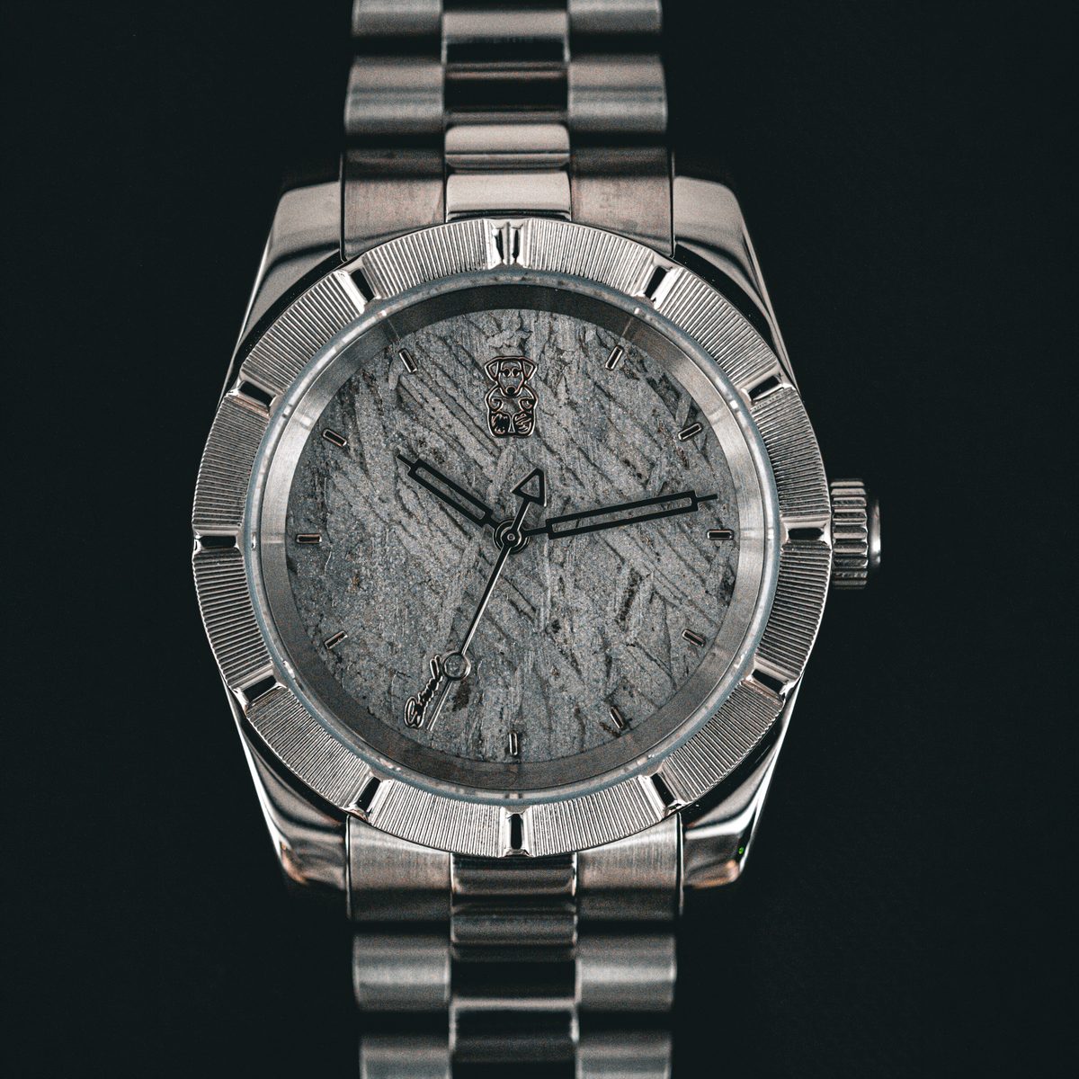 The Disco-Baller from the front, meteorite dial and fluted bezel on the Presidential bracelet